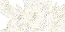 Vector Golden Leaves Background, Luxury Abstract Wavy Floral Art. Nature Design Texture, Line Illustration, Foliage Wallpaper.