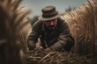A farmer reaping a wheat field. Generative AI