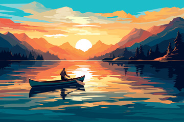 Wall Mural - canoeing adventure boat on peaceful lake nature landscape vector illustration