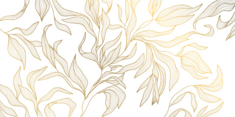 Wall Mural - Vector golden leaves background, luxury abstract wavy floral art. Nature design texture, line illustration, foliage wallpaper.