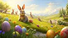 Cute Easter Bunny With Easter Eggs. AI Generative.