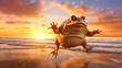 Photo of a frog running along the seashore against the background of the sunset.
