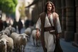 Jesus Christ is a shepherd, peaceful in a meadow with a flock of sheep, preacher of religion, Christianity