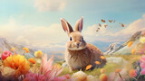 Fototapeta  - Cute Easter Bunny with easter eggs. AI generative.
