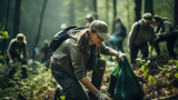 Fototapeta Las - A group of people cleaning and removing garbage in the forest, preserving nature.
