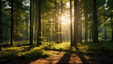 Fototapeta Las - A photo of a beautiful forest and the rays of the sun breaking through the trees. Evening time.
