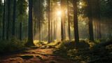 Fototapeta Las - A photo of a beautiful forest and the rays of the sun breaking through the trees. Evening time.
