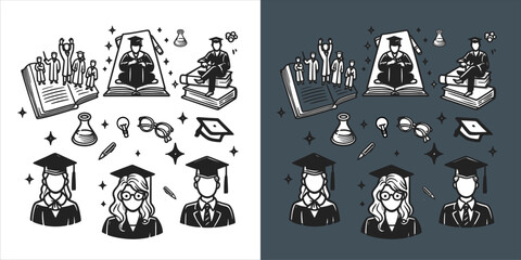Vector of Diverse young students celebrating their graduation with diploma hat.  set illustration doodle line art