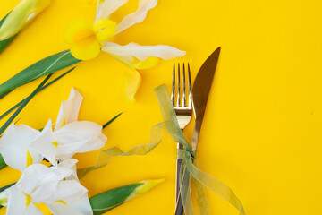 Poster - Iris yellow and white flowers on tender spring background, 8 march day festive background, mimose is traditional flowers for Easter or Mothers Day