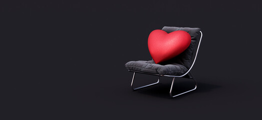 Wall Mural - Red heart on grey modern armchair, mock up minimal concept with copy space 3d render 3d illustration