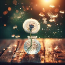 Crystal Vase With Dandelion On A Wooden Table On The Street, Parachutes From Dandelions Fly Around, Bokeh Background, Simplicity In Nature