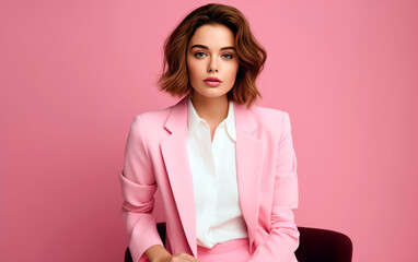 Beautiful and elegant woman in pink clothing stands against a pink background. Studio shot.