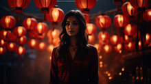 Young Woman Standing With Red Lantern Background