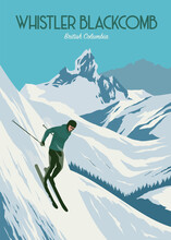 Poster Of Whistler Blackcomb Background Illustration Design, Man Skier Running Downhill On British Columbia Ski Resort