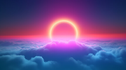 Wall Mural - Rainbow and orange rainbow glow circles on clouds in dark magenta and azure style