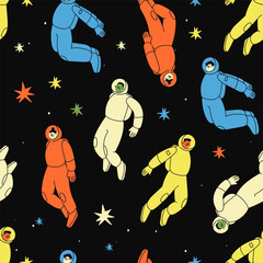 Wall Mural - people flying in outer space. astronaut or spacemen. cute characters in space suits. cartoon flat st