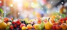 Vibrant Farmers Market With Softly Blurred Bokeh Background, Fresh Fruits And Colorful Beverages