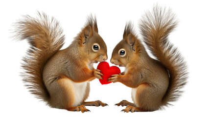 Two red squirrels holding a heart as a a symbol for love isolated on a transparent background