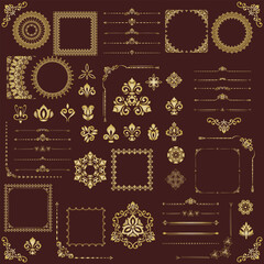 Wall Mural - Vintage set of vector horizontal, square and round elements. Elements for backgrounds and frames. Classic brown golden patterns. Set of vintage patterns