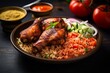 Experience the flavors of West Africa with this enticing plate of traditional Jollof rice and grilled chicken
