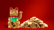 Lucky cat with pile of golden coins background , 3d rendered image .
The translate of text on the label is 