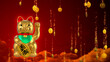 Lucky cat statue with magic falling golden coins on the sky in background ,  3d rendered image .
 The translate of text on the label is 