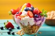 A tantalizing image of a bowl of frozen yogurt, beautifully adorned with colorful fruits and nuts, the perfect sweet treat for summer