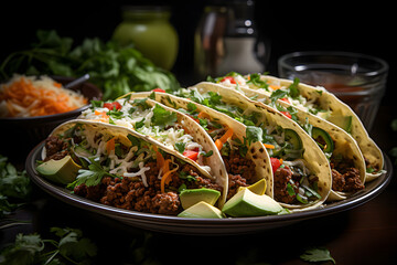Wall Mural - Mexican Ground Beef Tacos, dramatic studio lighting and a shallow depth of field. Placed on a reflective black surface.no.02