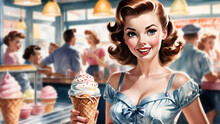 Watercolor Illustration Of A Beautiful Young Woman While Buying Ice Cream. With Fashion In The 1950s. With Halftone Patterns