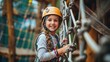 Happy child enjoying activity in climbing adventure in the park. Outdoor activity concept.
