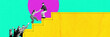© master1305 - Assistance and cooperation. Young people walking forward to professional success, helping to step on ladder of success. Contemporary art collage. Concept of business, teamwork, motivation, growth