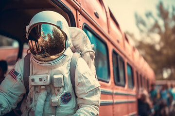 Wall Mural - generative ai picture of astronaut spaceman woman do space walk working space station in outer space