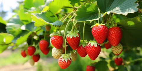 Wall Mural - Fresh and juicy red strawberry on the tree branch