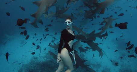 Wall Mural - Woman freediver in a clear tropical water with nurse sharks in Maldives