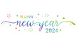 HAPPY NEW YEAR 2024 rainbow gradient brush calligraphy banner with stars on transparent background.