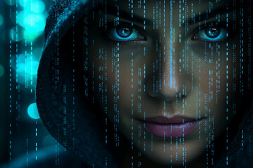 Generative AI portrait hacker in dark room secret organization community specialists