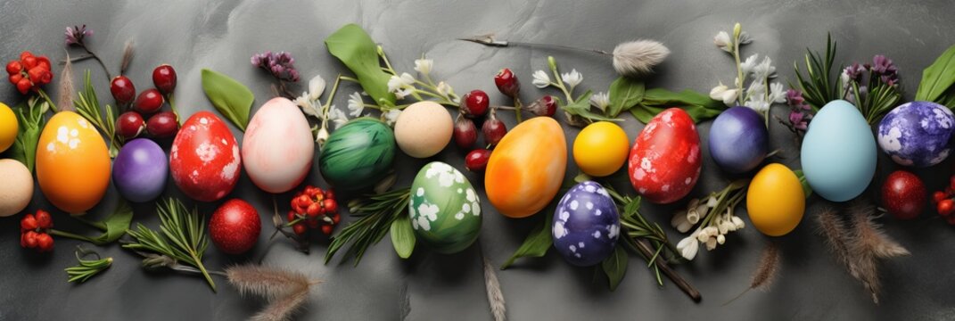 Colorful Easter Eggs and Flower Frame on empty Blank Banner with Copy Space for Text