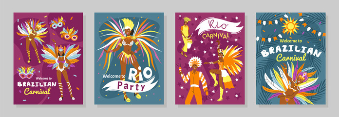 Wall Mural - Hand drawn flat brazilian carnival cards collection with dancers wearing feather costumes