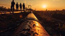A Silhouette Of Workers Inspecting Pipelines At Dawn