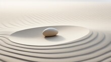 A White Egg Sitting On Top Of A White Plate. Zen Pyramid, Stack Of Pebbles On Sand With Wind Patterns, Calm Neutral Background.