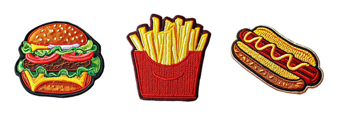 embroidered patch sticker fast food set on transparent background