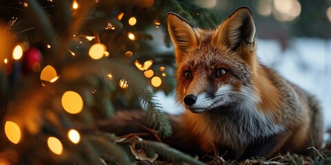 Poster - A close up of a fox near a christmas tree. Christmas or wintertime picture.
