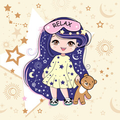 Wall Mural - Anime little cartoon girl with dark blue hair and big eyes and teddy bear. Vector illustration print for t-shirt. Chibi girl