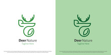 Deer Leaf Logo Design Illustration. Silhouette Animal Mascot Deer Nature Leaf Tree Green Plant Antlers Head. Simple Icon Symbol Minimal Minimalist Creative Abstract Nature Modern Zoo Elegant Art.