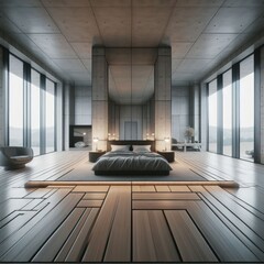 Wall Mural - parallax mapping of brutalist bedroom, minimalist architecture, furniture