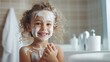 Child happily uses cream in bathroom, skincare self-care.