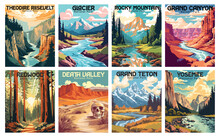 National Parks Vector Art Set: Mount Rainier, Denali, Crater Lake, Yellowstone, Hawaii Volcanoes, Wrangell St Elias, Acadia, Yosemite