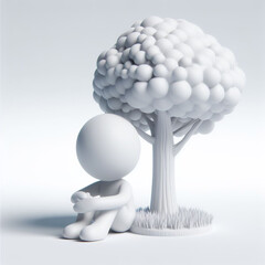 Poster - White 3D figure resting under a tree. Environment concept. AI generated