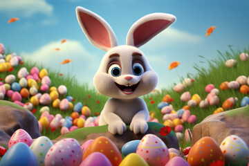 Wall Mural - cute 3d smiling Happy Easter bunny with many colorful easter eggs