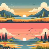 Fototapeta  - Abstract Nature Sunset Landscape Vector Flat Design Illustration